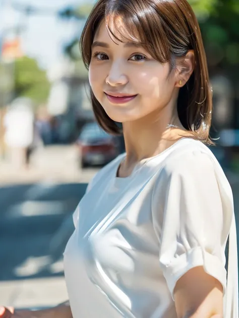 Full body of a 45-year-old Japanese woman holding a white Garbage bag　She is wearing black bottoms、Wearing a brown short-sleeved top　Hair tied in a ponytail　 Has a slightly plump figure　Holding a white garbage bag in both hands　semi-long、((brown hair、beaut...