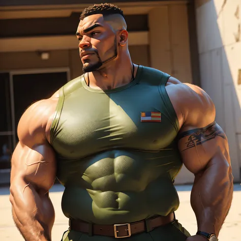 an exaggeratedly muscular and large bodyguard, beefy build, beard, dark-skinned african american male, buzzcut hair with square line, (surprised expression: 1.2), (wearing camo sleeveless military top: 1.2), (bara pecs: 1.3), (arm and chest hair: 1.1), clo...