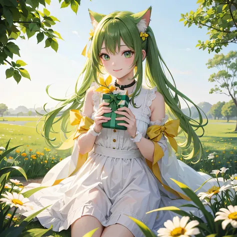 A cat wearing a bright yellow-green ribbon、Hair light yellow green、yellow-green eyes、white clothes、smile、Have a gift、grass、garden