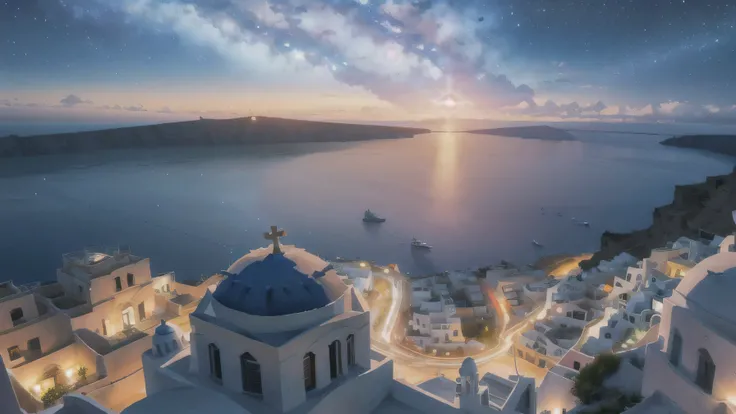 (Beautiful and spectacular skyline, Majestic Sky), (Very tense and dramatic photo, Moving visual effects), (The North Star Hanging High, Colorful natural light), (Santorini, Greece),Ocean,Starry Sky,