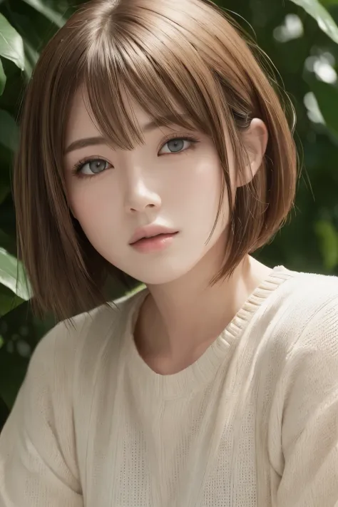 (Masseter muscle area:1.3)、((Looking into the camera:1.4))、(8k、Photorealistic、Raw photo、highest quality: 1.4)、(One Girl、Age 25)、Beautiful Face、(round face)、(Ash Brown、Short Bob Hair:1.3)、Beautiful hairstyle、Realistic eyes、Beautiful details、（real skin）、Beau...