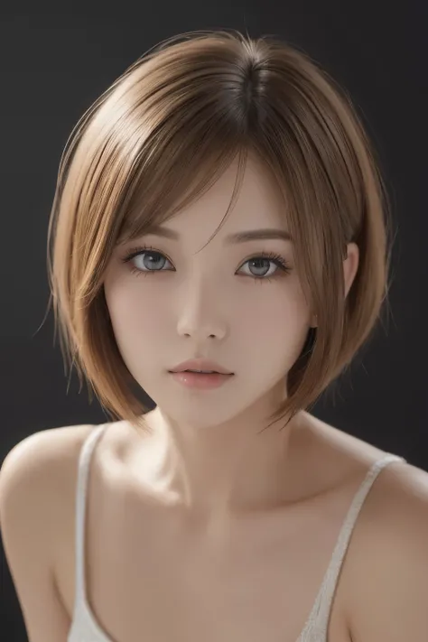 (Masseter muscle area:1.3)、((Looking into the camera:1.4))、(8k、Photorealistic、Raw photo、highest quality: 1.4)、(One Girl、Age 25)、Beautiful Face、(round face)、(Ash Brown、Short Bob Hair:1.3)、Beautiful hairstyle、Realistic eyes、Beautiful details、（real skin）、Beau...