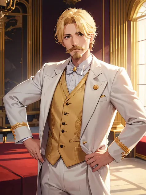 King standing in the royal palace, short hair, mustache, 35 years old, blonde hair, Blonde mustache, white pajamas, standing in the royal bedroom,ultra detailed,close up photo