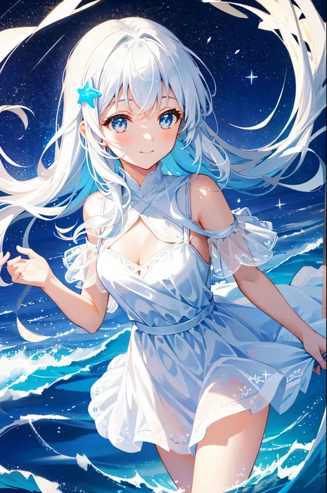 an ocean of stars, wishing stars, (glowing stars), shooting stars night sky, dreamy, endless ocean, colorful, ethereal, charming girl in a translucent flowing dress, white hair, walking on the water, Her smile was filled with tenderness and joy