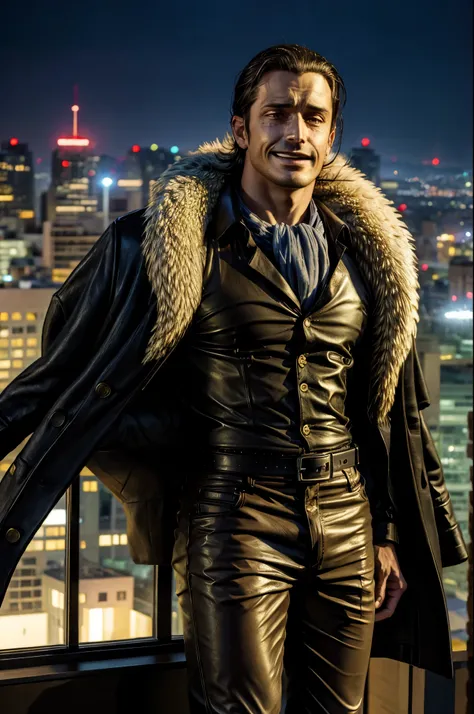 masterpiece, best quality, extremely detailed, hyperrealistic, photorealistic, a cool 40s man, ultra detailed face:1.2, fur-trimmed coat, scarf around the neck, his left hand is a golden pirate hook:1.1, landscape, distant view shot, office, night view fro...