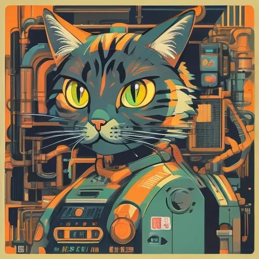 there is a black cat wearing headphones sitting on the turntable, cyberpunkcat, machinecat, just a joke, tom whalen (tom whalen)...