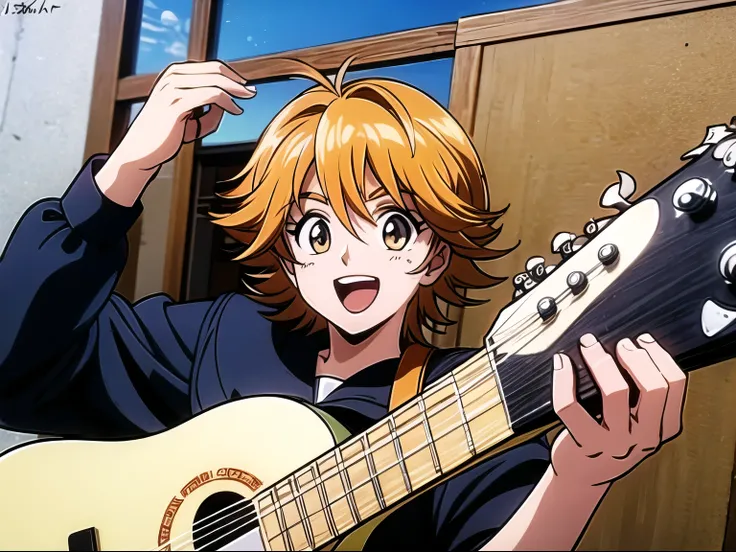 ((melhor qualidade)), ((obra de arte)), (detalhado), rosto perfeito, anime, homem com um sorriso contagiante, extremamente feliz por ter ganho uma guitarra de presente em uma escola de musica. He is admiring it in his hands.