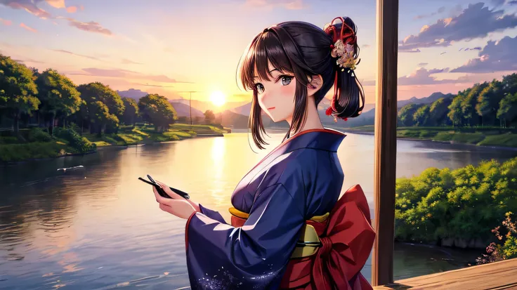 for anime,A beautiful woman in a Japanese kimono is looking at the scenery by the river,Summer sunset