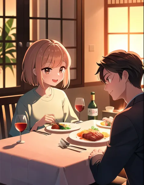 A couple is having dinner, [:Soft lighting:,0.5]