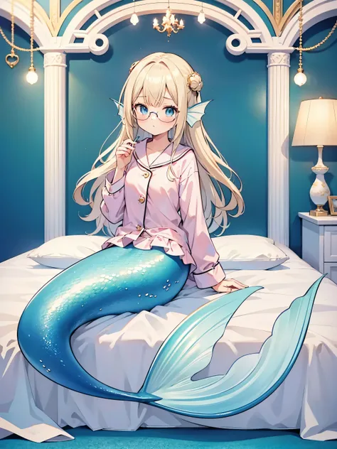 masterpiece, best quality,A woman,Mermaid,Long blond hair,Blue Eyes,wearing glasses,blue mermaid tail,pajamas,full-body shot,bedroom,Sitting on the bed,charming face(Kawaii, charming,Soft)