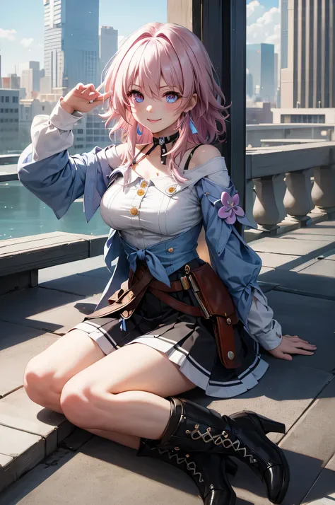 (masterpiece), best quality, expressive eyes, perfect face, 1 girl, solo, march seventh, blue eyes, hair between eyes, medium hair, pink eyes, pink hair, two-tone eyes, ankle boots, archery shooting glove, badge, bare legs, black choker, black corset, blac...