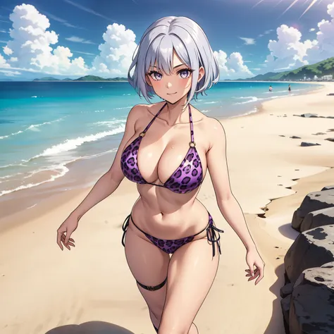 mujer. 27 years old short silver hair, ojos plateados. cinta azul en su cabeza,  sonrisa ligera. purple leopard print bikini,  He is walking in front of the camera on a crystal clear beach. una sola mujer. mujer sola.