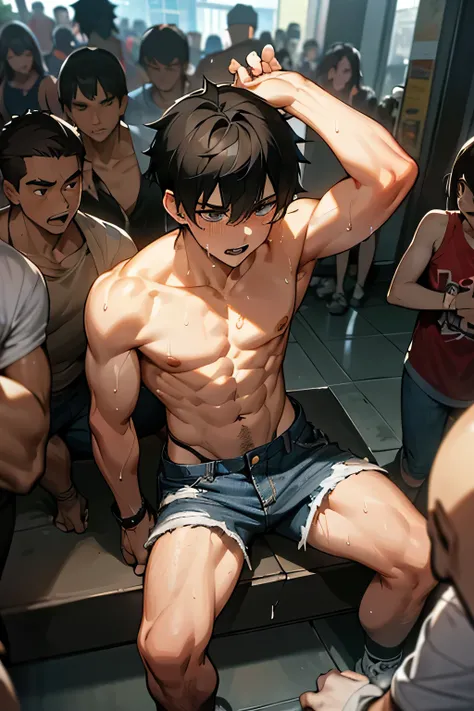 shirtless handsome manly short black hair caucasian male in tattered short jeans and sneakers, shirtless, sweating profusely, drenched with sweat, exhausted, panting, inside the mall, inside the mall is crowded with people