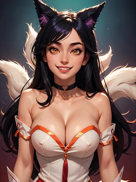 one white girl, ahri, bust, solo, upper body, yellow eyes, long hair, black hair, fox ears, choker, nsfw, white skin, cleavage, bare shoulders, masterpiece, highly detailed, look at viewer, expressing joy, shiny blured orange background, gradient sprayed b...