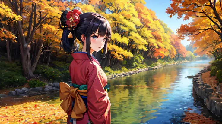 for anime,A beautiful woman in a Japanese kimono is looking at the scenery by the river,autumn leaves