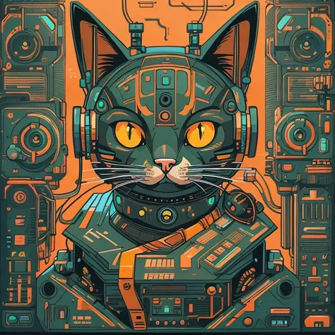 （profile portrait）there is a black cat wearing headphones sitting on the turntable, cyberpunkcat, machinecat, just a joke, tom w...