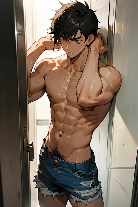 shirtless handsome manly short black hair caucasian male in tattered short jeans and sneakers, shirtless, sweating profusely, drenched with sweat, inside the elevator, inside the mall
