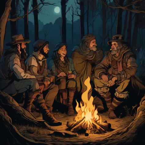 A group of fantasy adventurers sit close to a camp fire, drinking mead and telling tall tales, in a haunted woods, gleaming eyes watch them hungrily from the darkness