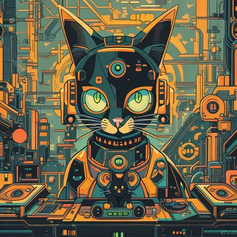 （profile portrait）there is a black cat wearing headphones sitting on the turntable, cyberpunkcat, machinecat, just a joke, tom w...