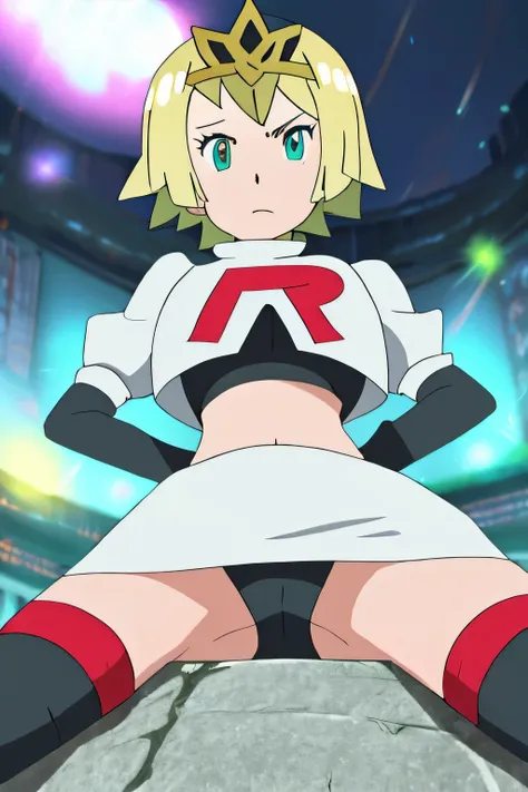 masterpiece,best quality,high res,high quality,fjorm,tiara8k, masterpiece,highres, team rocket uniform, red letter r, white skirt,white crop top,black thigh-high boots, black elbow gloves, glaring angrily, looking down at viewer, hands on hips, cowboy shot...