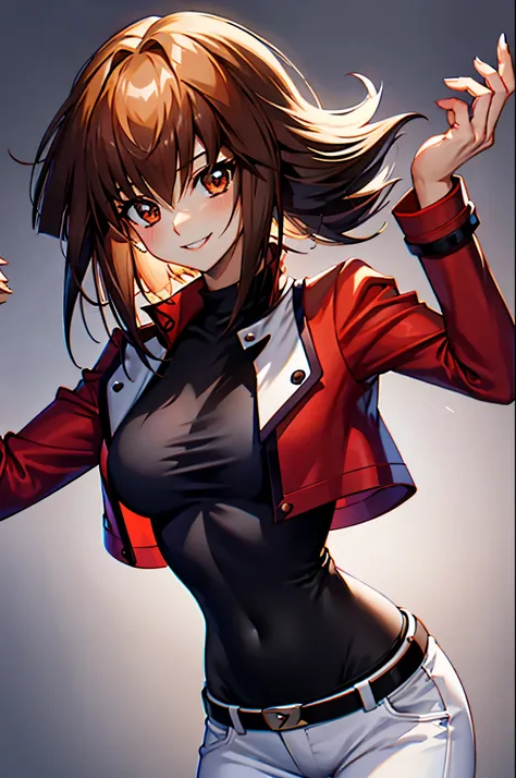 yuuki judai, 1girl,(female:1.5), brown hair, solo, red jacket, bangs, black shirt, open jacket, hair between eye, long hair, smi...