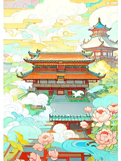 There is a painting，There are animals inside, Inspired by Yang Buzhi, Dreamy China, Inspired by Yoshida Hanbei, A beautiful artistic illustration, Tang Palace, Inspired by Victor Wei, Inspired by Zhou Wentianchong, Full color illustrations，old Chinese buil...