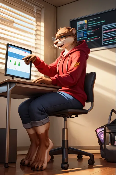 (((Barefoot furry character, full body, cinematic setting, furry male, plantigrade))) computer class scene with a tech-savvy otter ((teacher)) wearing a hoodie and glasses, sitting at a computer desk surrounded by monitors and circuit boards. This otter re...