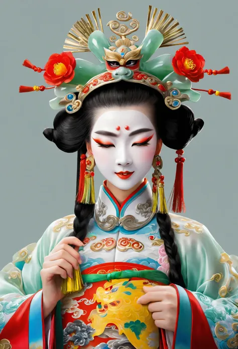 jade，8k, raw photo, best quality, masterpiece, realistic, photo-realistic, ultra detailed,（peking opera half noodles：1.2）
1 girl...