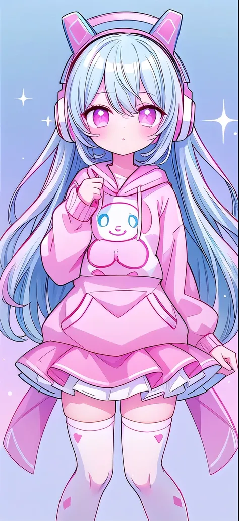 ，White knee socks，Long light blue hair，Pink and white sweatshirt，pink eyes，Blue headphones