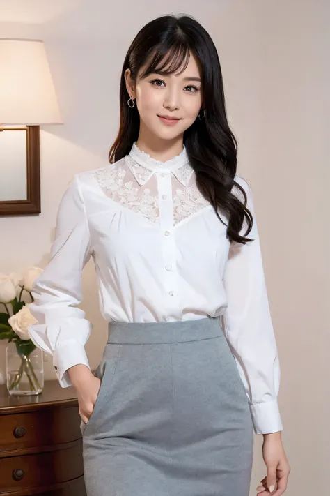 Medium display, Medium Shot, Written boundary depth, bust, movie angle, masterpiece, highest quality, Very detailed, CG, 8k wallpaper, Beautiful Face, Delicate eyes, Otome, alone, smile, Are standing、High-class blouse、High-class skirt、White high heels