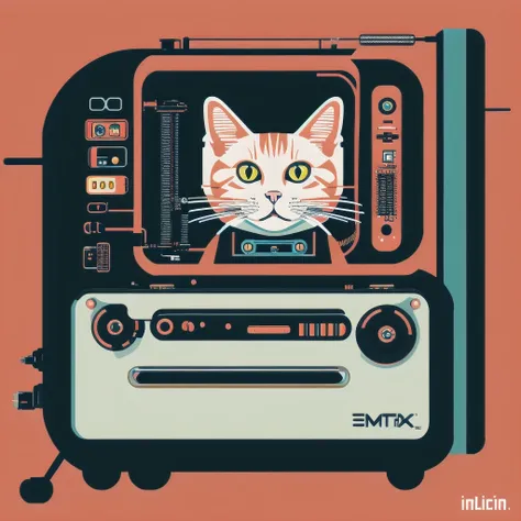 （Profile portrait）There is a black cat wearing headphones sitting on the turntable, CyberpunkCat, MachineCat, Just a joke, Tom Whalen (Tom Whalen) of inspiration, Lofi Art, Cat, Tom Whalen 8K, Digital illustration style, Retro illustration, Illustration of...