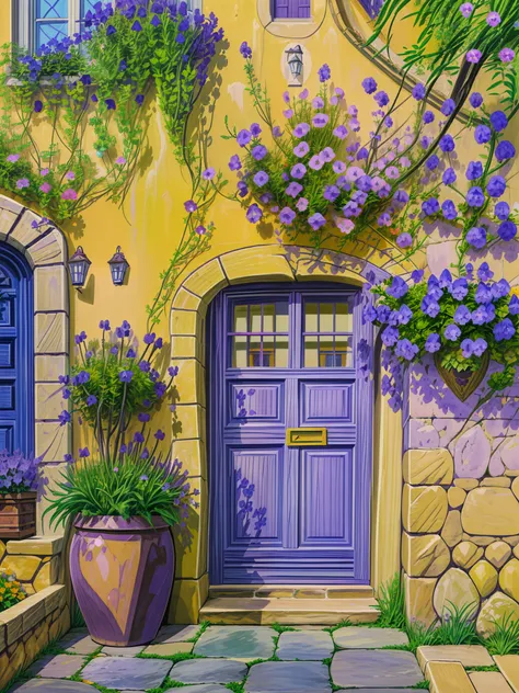 a purple door in front of a stone building, lavander and yellow color scheme, flowery cottage, french village interior, mediterranean architecture, purple flower trees, houzz, mediterranean fisher village, french village exterior, violet flowers, idyllic c...