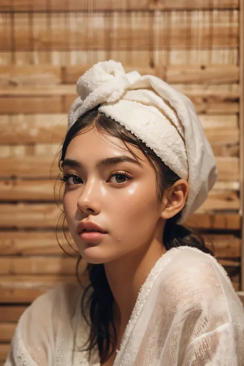 ((best quality)), ((masterpiece)), (detailed), perfect face, Araped woman with a towel on her head, Sitting sweating in the sauna, Madison Beer, without makeup, Profile picture, Use Instagram Filters, Subtle soft and dim light, perfect face, julia sardinia...