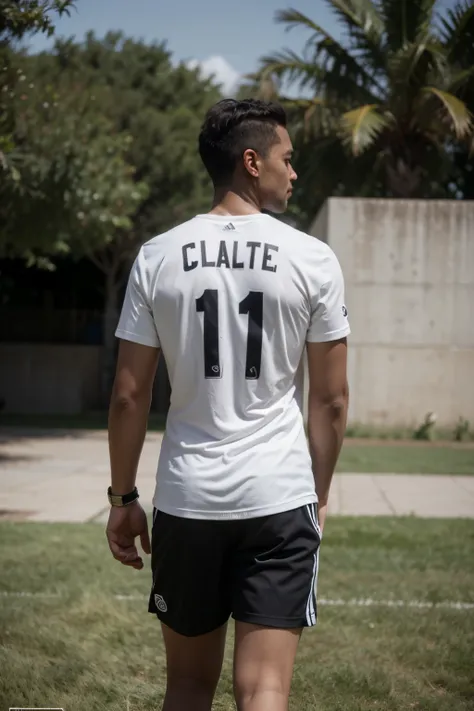 ((mejor calidad)), a 23-year-old dark-skinned man with his back in the middle of the image wearing a soccer shirt from the country Brazil, con el numero 
2420 en su espalda y el nombre Freyjel tambien en su espalda. 