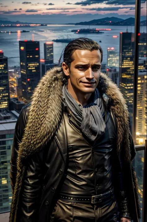 masterpiece, best quality, extremely detailed, hyperrealistic, photorealistic, a cool 40s man, ultra detailed face:1.2, fur-trimmed coat, scarf around the neck, his left hand is a golden pirate hook:1.1, landscape, distant view shot, office, night view fro...