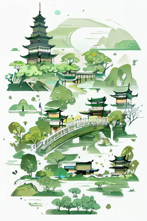 A green and white illustration，Depicts a bridge across a river, Oriental Wallpaper, Kyoto Inspired, Inspired by Zhou Wentianchong, Inspired by Yoshida Toshi, Inspired by Yoshida Hanbei, Chinese scenery, Temple Background, Dreamy Chinatown, old Chinese buil...