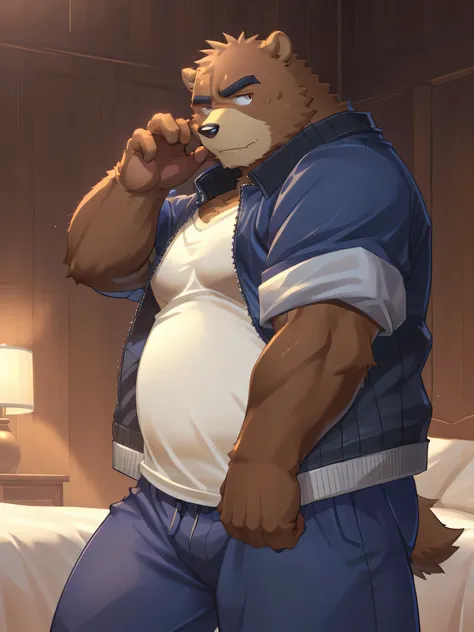 (((detailed eyes, detailed face))), (bara, juuichi bear, short hair, black eyes), male, (solo), (plump, fat, chubby, overweight)...