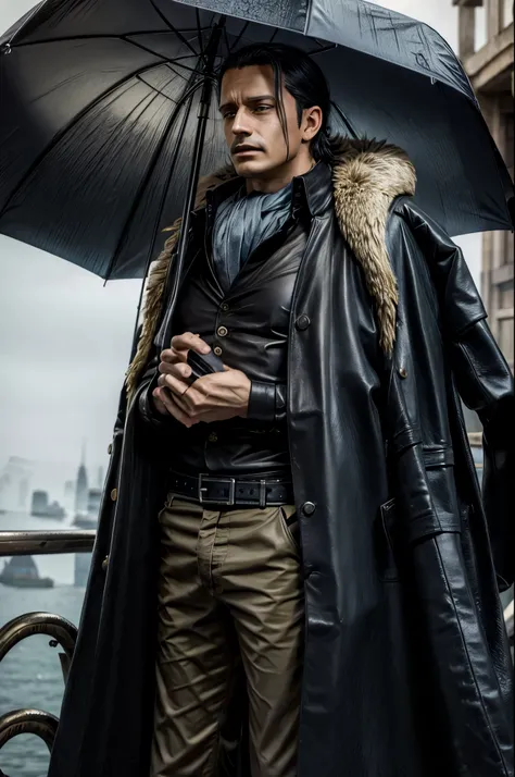 masterpiece, best quality, extremely detailed, hyperrealistic, photorealistic, a cool 40s man, ultra detailed face:1.2, fur-trimmed coat, scarf around the neck, his left hand is a golden pirate hook:1.1, distant view shot, city, rainy, holding an open umbr...