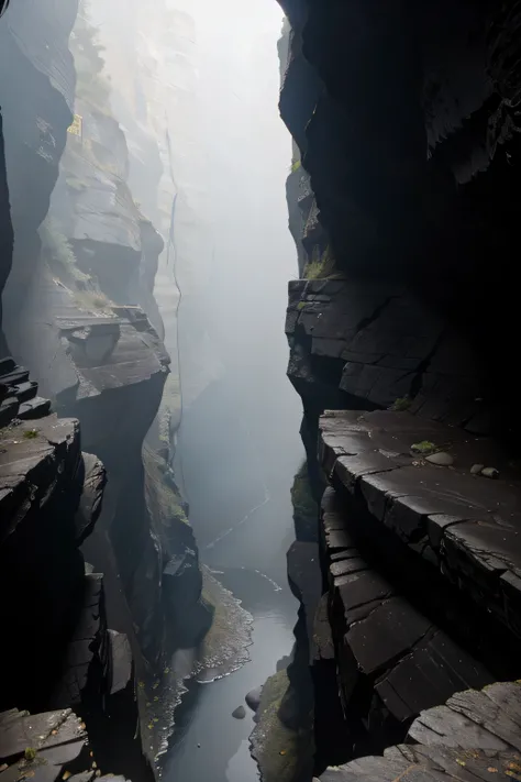 Dark Canyon，Plank，Narrow passages，rock，Gray fog，Head-up