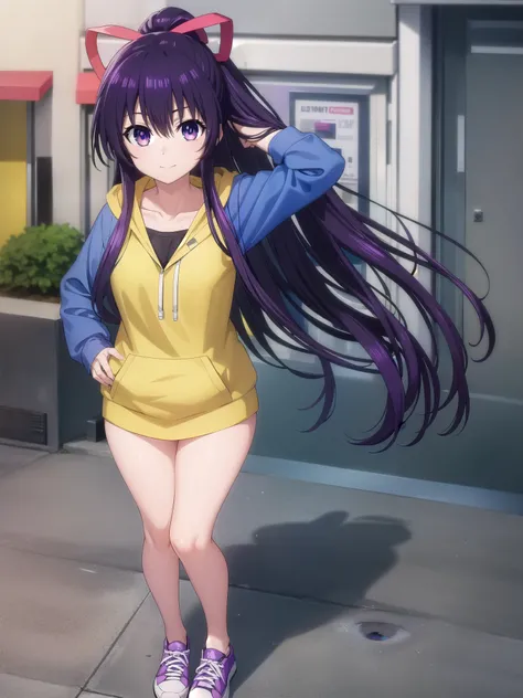 tohkayatogami, tohka yatogami casual, long hair, purple hair, alluringly smile , yellow hoodie, oversize hoodie, denim, (purple eyes:1.1), hair ribbon, ponytail, purple hair, white ribbon, g cup breasts, bewitched thighs, slender waist, plump butt , stylis...