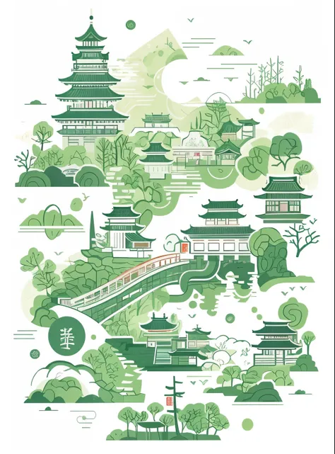 a green and white illustration，depicts a bridge across a river, oriental wallpaper, kyoto inspired, inspired by zhou wentianchon...