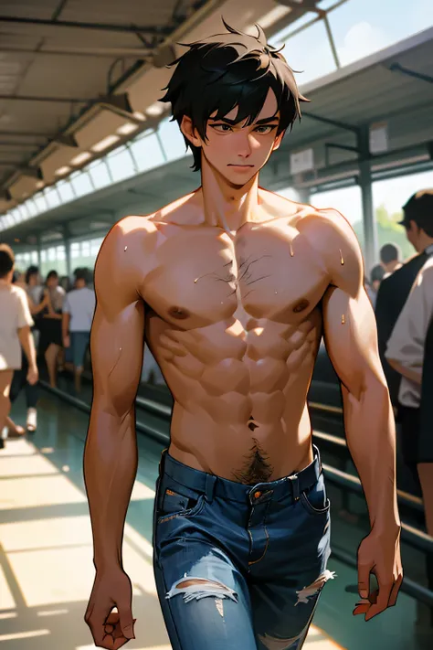 shirtless handsome manly short black hair caucasian male in tattered short jeans and sneakers, shirtless, sweating profusely, walking inside the train station, inside the  train station is crowded with people