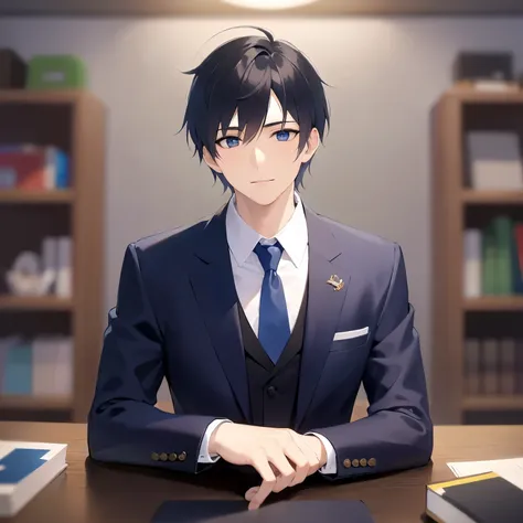 masterpiece、highest quality、(25-year-old male:1.5) and (Black short hair) and (blue eyes), (Wearing a navy blue suit:1.5) and (White collared shirt) and (Blue tie)、Sitting、smile、The background is the office、Alone、