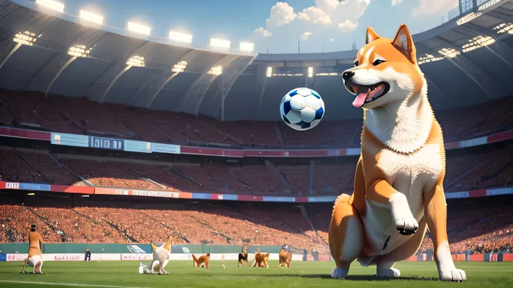 many shiba inu dogs are playing soccer in a large stadium, with many people watching, dogs play football, dogs football team, a dog kicking a ball, a dog standing on two legs, a whole team of dogs playing soccer wearing soccer uniforms