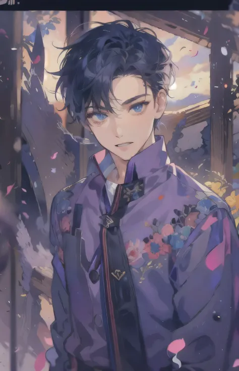 ((highest quality)), ((masterpiece)), (Get used to it), Perfect Face , A sharp face , Adult male , 27 years old , Dark blue short hair , Japanese clothing ,