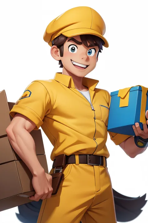 cartoon style, a delivery man character, in a yellow uniform, holding a box, cap on his head, cheerful, detailed, 8k, white background, in the center of the image blurred edges