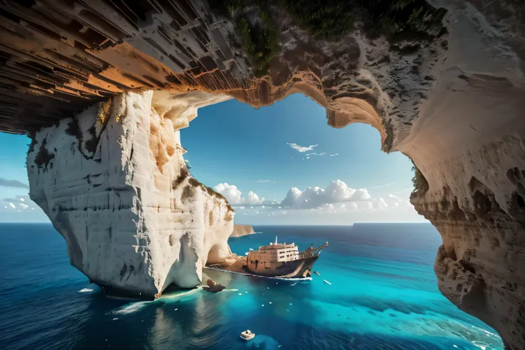 On Navagio Beach (Shipwreck Beach) in Greece, a breathtaking scene unfolds: towering cliffs frame the remains of a sunken smugglers ship, reachable solely by boat. This striking image, likely a photograph, captures the rugged beauty of the location. The we...