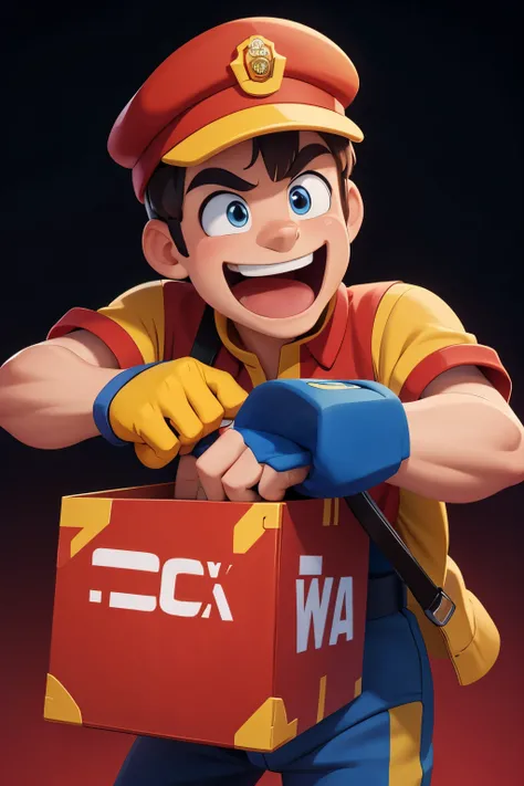 cartoon style, sticker, a delivery man character, in uniform, wearing red and yellow colors, holding a box, cap on his head, cheerful, detailed, 8k, white background, in the center of the image blurred edges