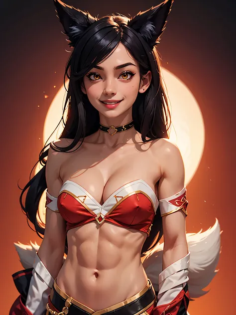 one white girl, ahri, bust, abs, (slender body, muscular:1.2), solo, upper body, yellow eyes, long hair, black hair, fox ears, choker, nsfw, white skin, (very small breasts, very tiny breasts, small breasts, tiny breasts, male chest, cleavage:1.3), bare sh...