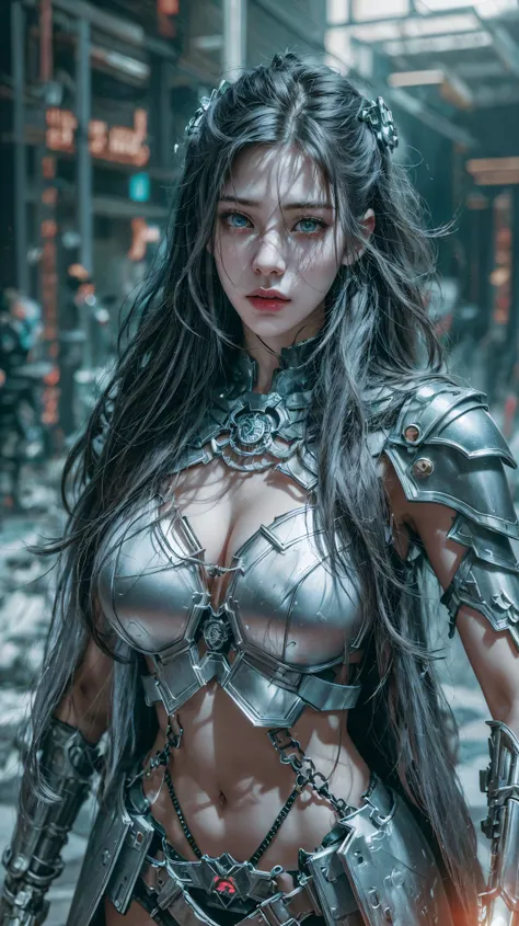 masterpiece,Best quality,A high resolution,8K,(Portrait photograph:1.5),(Original photo),real photograph,digital photography,(Combination of cyberpunk and fantasy style),(Female soldier),20-year-old girl,random hair style,By bangs,(led on chest, accessorie...